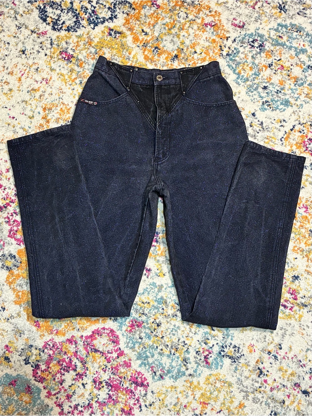 Z Blaze Vintage High Waisted Black Acid Wash Blue Glitter Rodeo Western Rocker